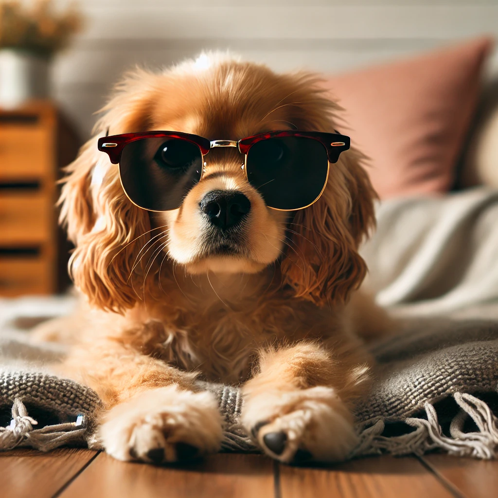 DALL·E 2025-01-05 23.22.58 - A cute dog lying down, wearing stylish sunglasses. The dog is relaxed, with its paws stretched out in front of it, looking calm and content. The breed