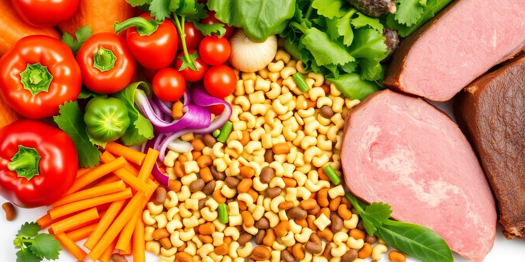 Colorful healthy pet food with fresh ingredients.