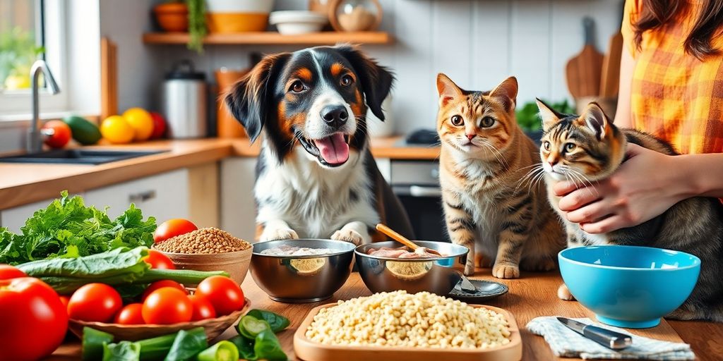Dog and cat in a kitchen with fresh ingredients.