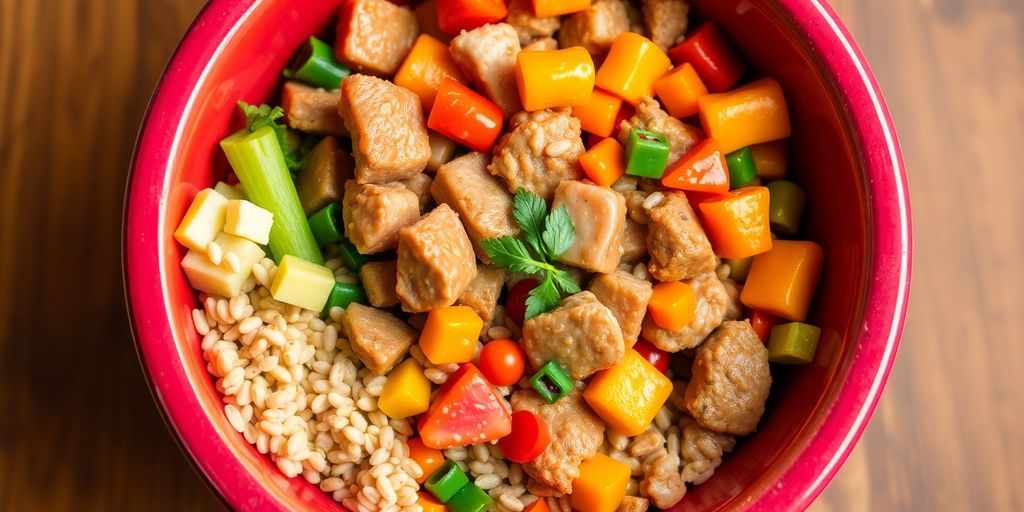 Bowl of homemade pet food with fresh ingredients.
