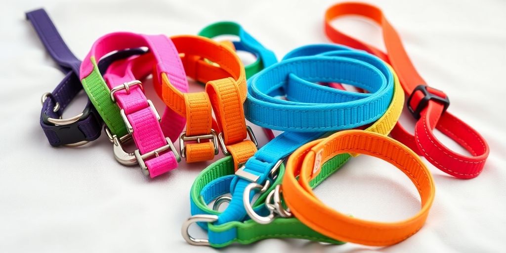 Colorful pet collars and leashes on a soft background.