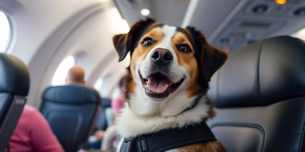 Dog in airplane cabin enjoying the flight.