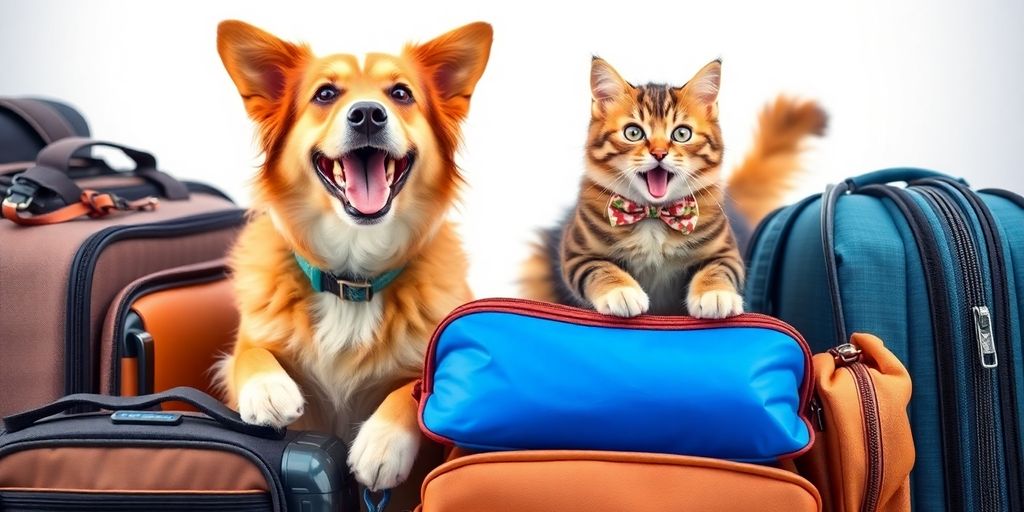 Dog and cat preparing for travel with pet gear.