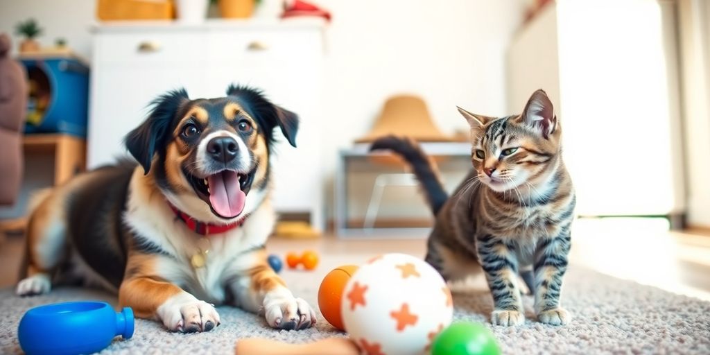 Playful dog and cat with toys in a cozy home.