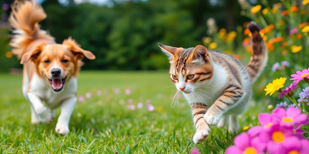 A dog and cat playing together in a garden.