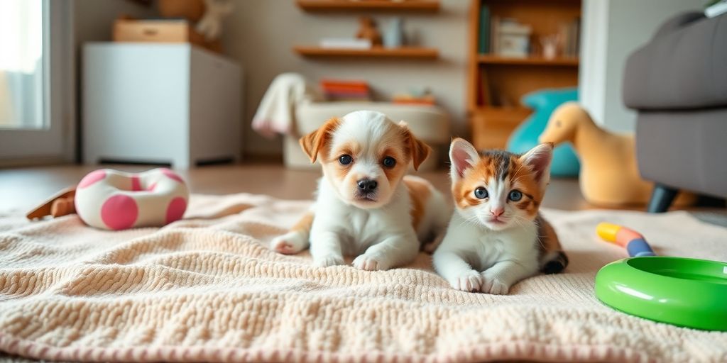 Puppy and kitten playing on a blanket in a cozy room.