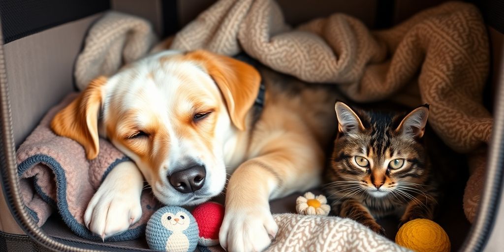 Cão e gato descansando em um transportador de viagem.