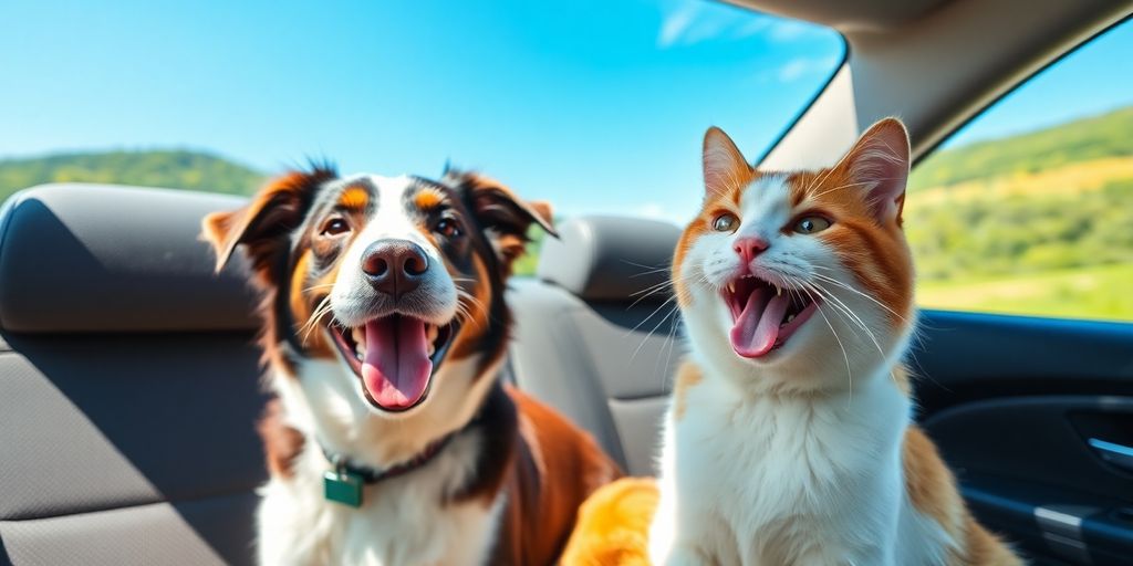 Cão e gato felizes dentro de um carro.