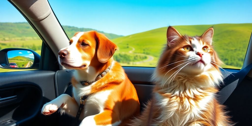 Cachorro e gato em viagem de carro.