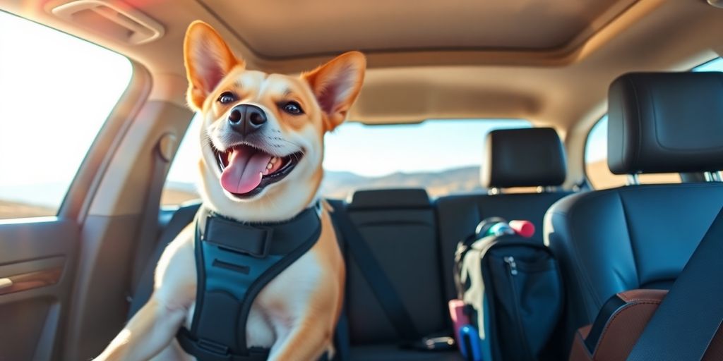 Dog in a car with safety harness for travel.
