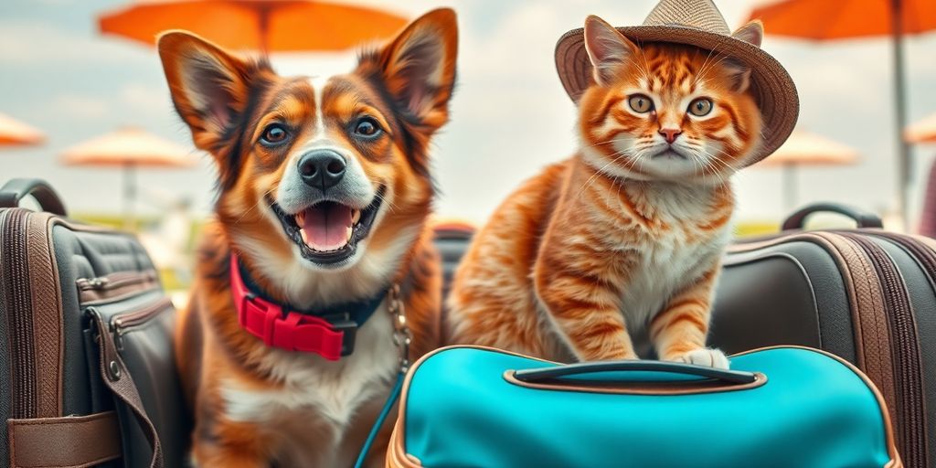 Dog and cat ready for travel with luggage.
