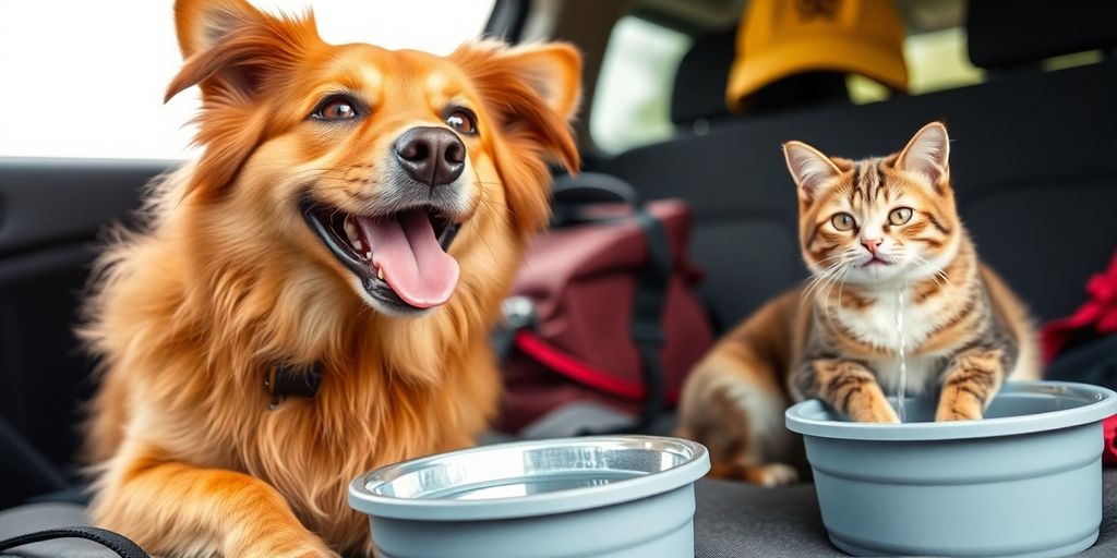 Dog and cat hydrating during a travel adventure.