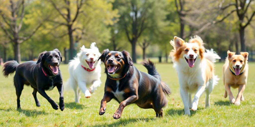 Dogs exercising outdoors in a sunny park.