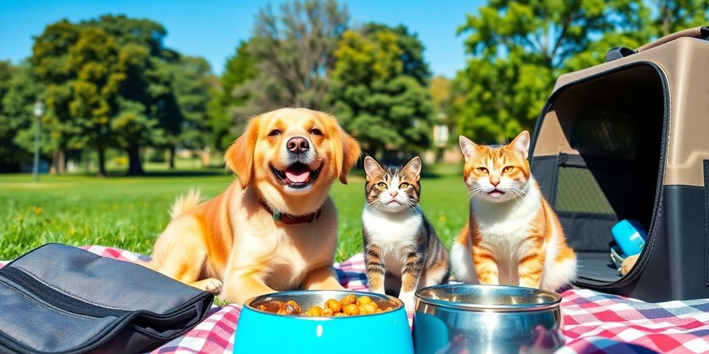 Dog and cat enjoying a picnic outdoors during travel.