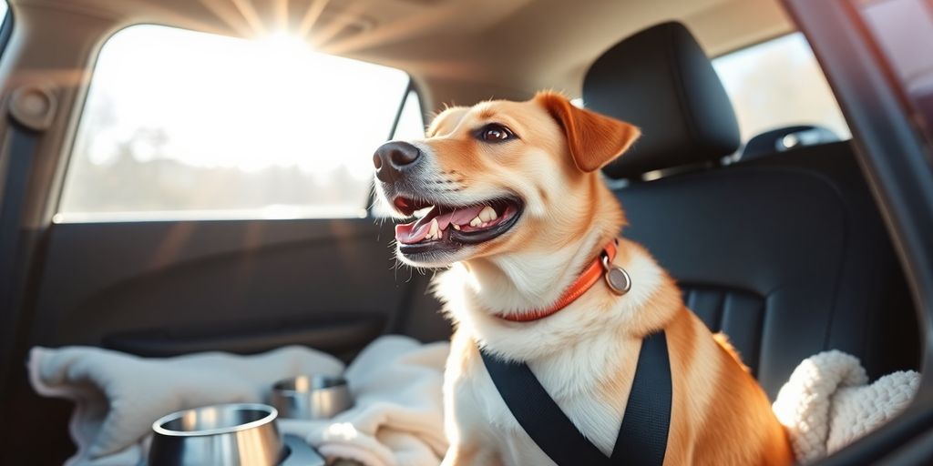 Happy dog in car, ready for a long trip.