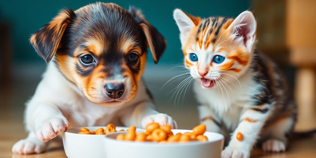 Playful puppy and kitten eating from their bowls.