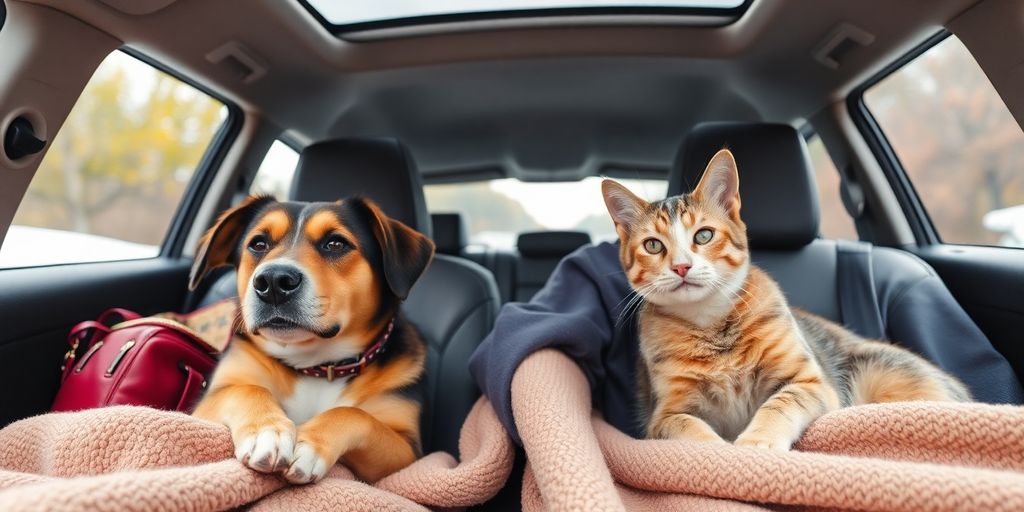 Cão e gato confortáveis em uma viagem de carro.
