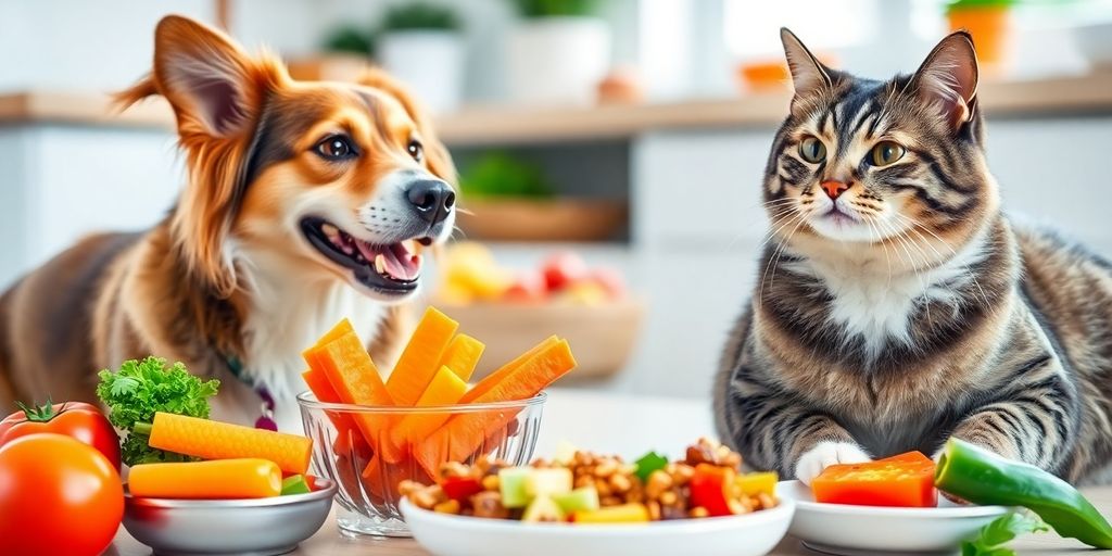 Dog and cat eating healthy meals together.