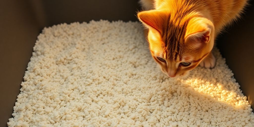 Gato curioso perto da caixa de areia limpa.