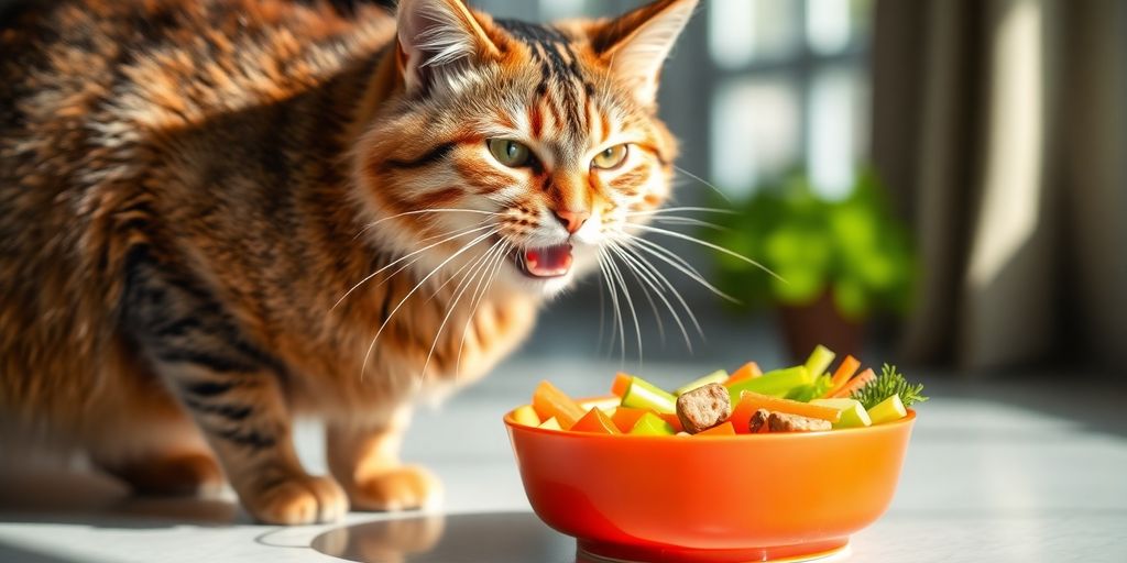 Gato saudável com comida balanceada e vegetais frescos.