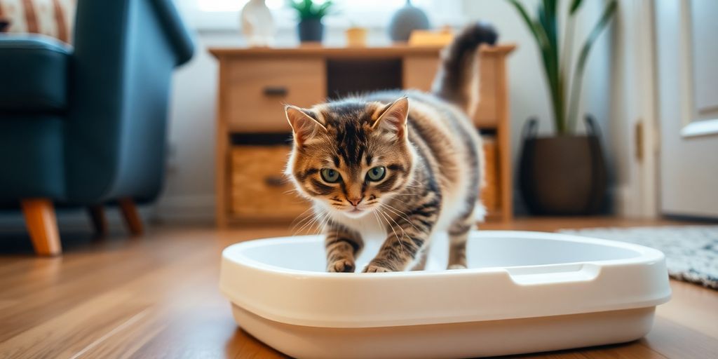 Gato brincando com caixa de areia limpa e aconchegante.