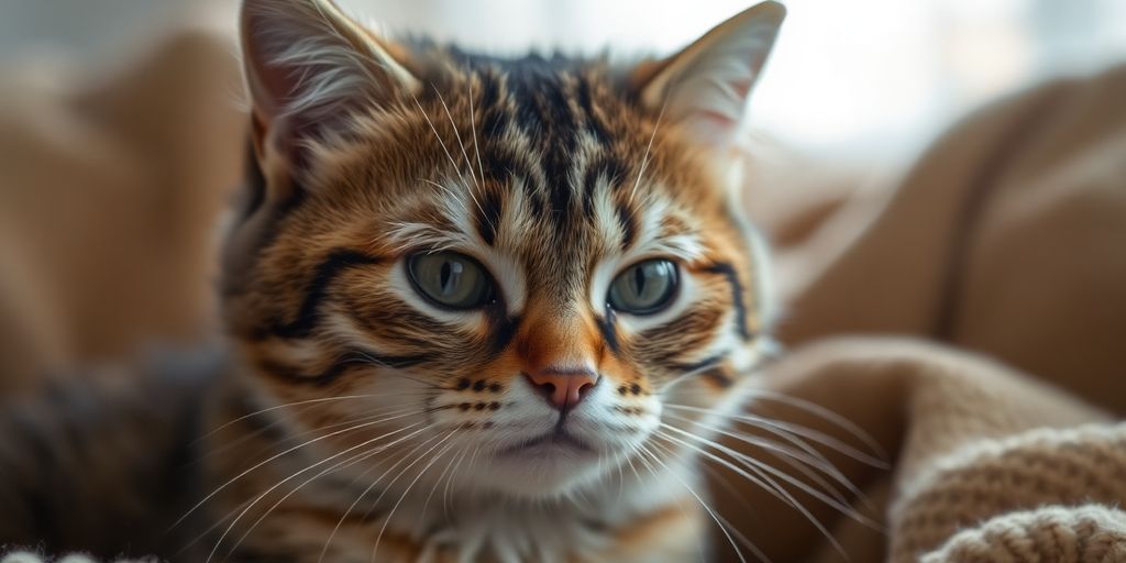 Gato com expressão preocupada em ambiente confortável.