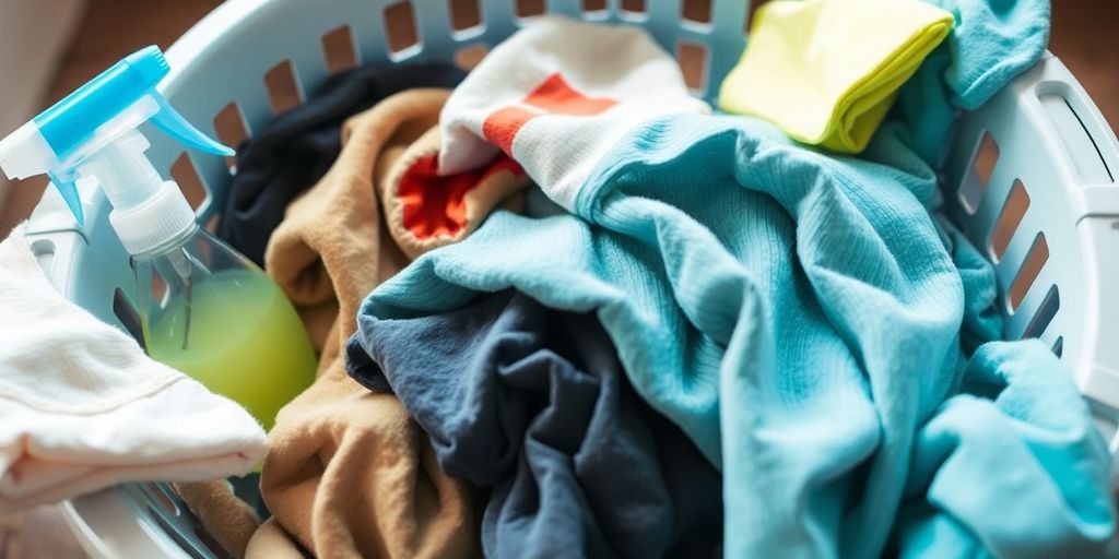 Cesta de roupa com manchas e produtos de limpeza.