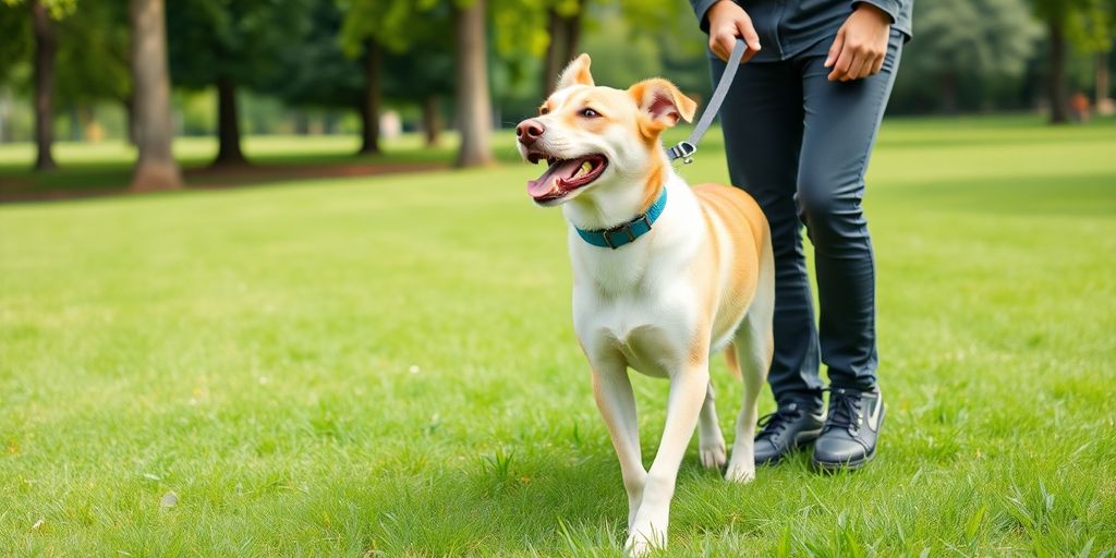 Cachorro treinado caminhando ao lado do dono no parque.