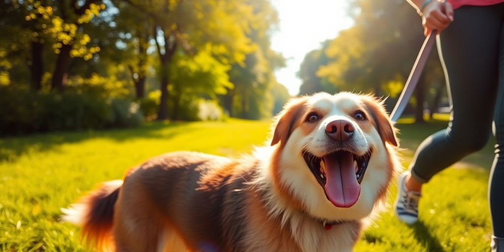 Pessoa passeando com cachorro em um parque ensolarado.
