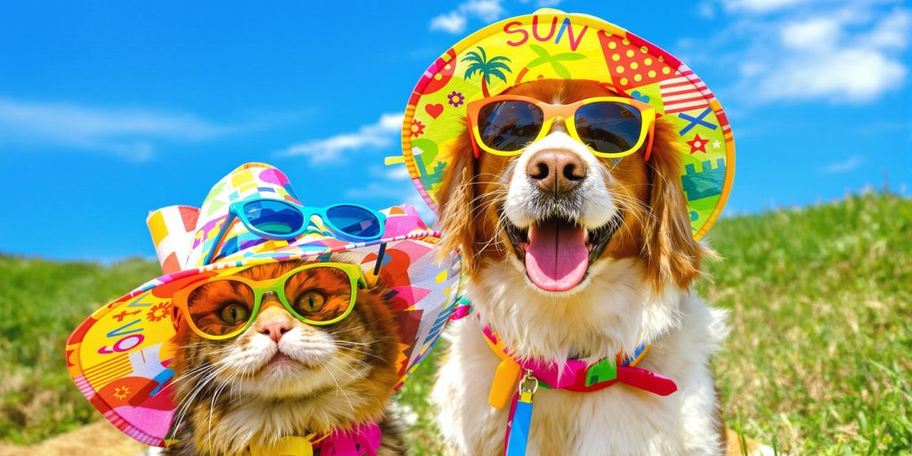 Cachorro e gato com proteção solar ao ar livre.