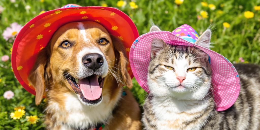 Cachorro e gato com protetor solar em um dia ensolarado.